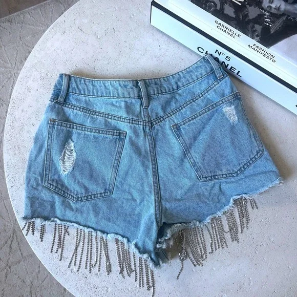 Forever 21 Distressed Rhinestone Fringe Jean Shorts 27 festival cowgirl rodeo - Picture 6 of 8